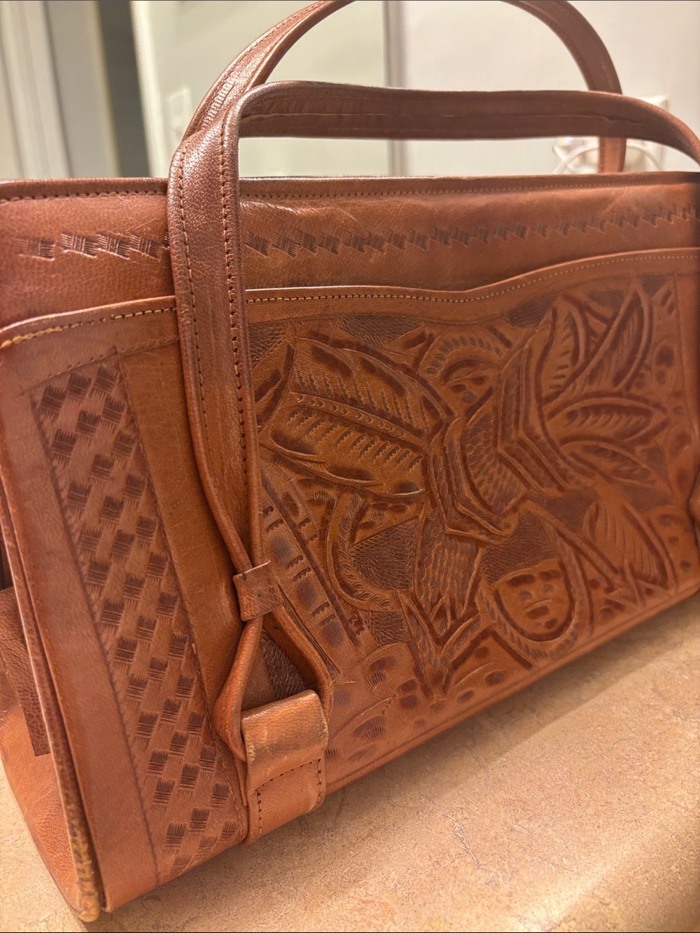 Hand-Tooled Brown Leather Brief Tote - carry all